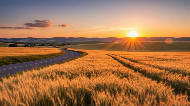 sunset illuminates winding road through expansive golden grain fields Rolling hills frame the horizon under gradient sky with warm sun rays extending across the tranquil landscape