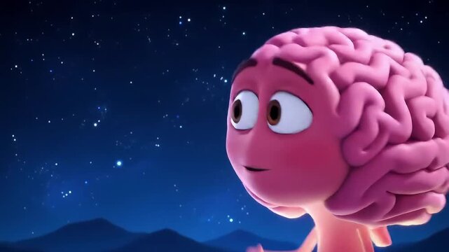 Animated Pink Brain Character Gazing at a Vast Sparkling Starry Night Sky Symbolizing Intelligence Curiosity and Deep Thought in a Whimsical 3D Scene