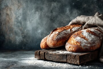 Freshly baked bread on rustic wooden table with flour