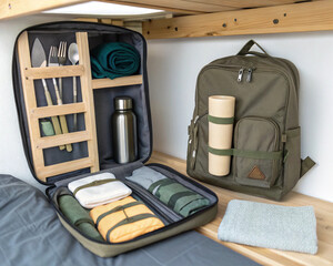 Minimalist zero-waste travel kit laid out on a hostel bed. Sustainable backpacking, eco-friendly travel, responsible tourism, and conscious packing concept.