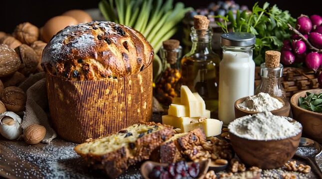 A still life featuring panettone bread with ingredients like eggs, flour, milk, and dried fruit