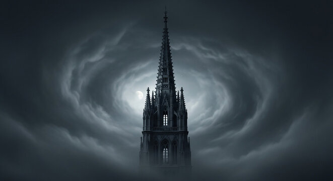 Dramatic gothic cathedral spire pierces swirling storm clouds, creating a captivating contrast of architecture and natures raw power