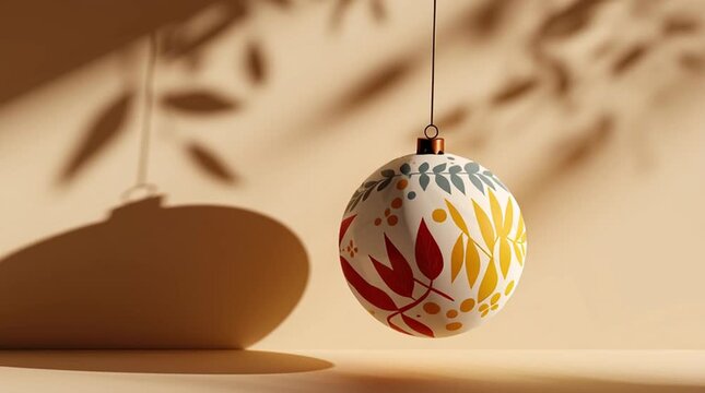 Ornate christmas bauble with leaf pattern hanging against a beige wall with leaf shadows cast upon it