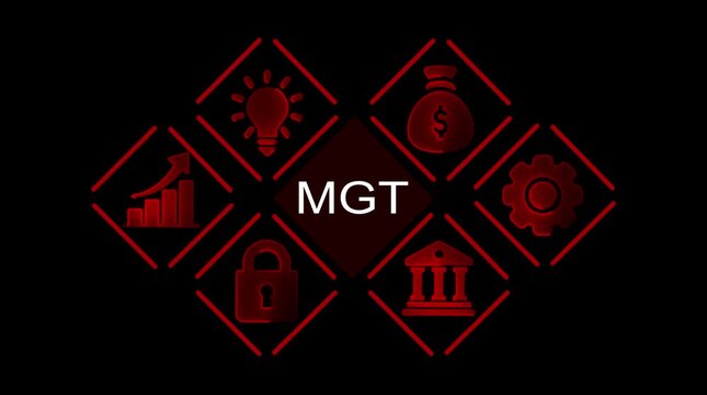 Management concepts business strategy growth finance security innovation M G T icons glowing red on black background