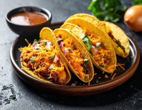 Artistic wide shot of a bustling taqueria scene, foreground features a beautifully plated Tacos al Pastor, background subtly blurred with warm ambient lighting, rich color grading, cinematic compositi