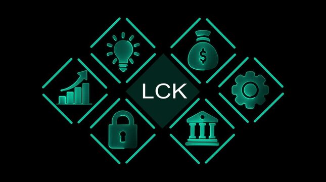 Business growth strategy icons financial success security innovation and progress concept with L C K text glowing neon teal on black background