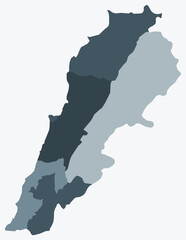 Map of Lebanon with regions. Just a simple country border map with region division. Blue grey color palette. Flat Lebanese Republic shape with administrative division. Vector illustration.