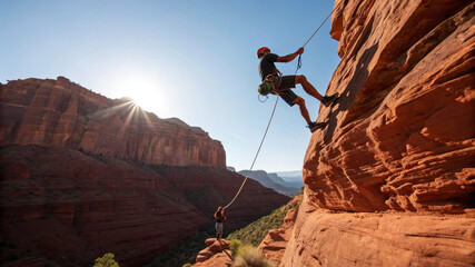 Athlete with prosthetic leg rappelling down a sunlit canyon wall. Adaptive sports, inclusive adventure travel, extreme capability, and overcoming challenges concept.
