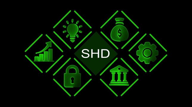 Glowing green neon icons representing business growth security finance innovation and industry on a dark background with the letters S H D in the center