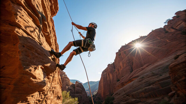 Athlete with prosthetic leg rappelling down a sunlit canyon wall. Adaptive sports, inclusive adventure travel, extreme capability, and overcoming challenges concept.