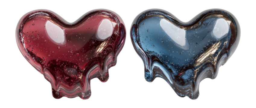 Shiny Red and Blue Heart Shaped Objects with Transparent Background