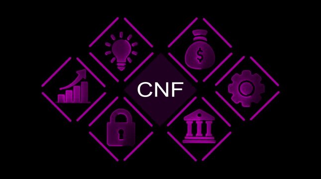 C N F business finance strategy icons glowing purple neon on black background representing growth security ideas money and banking
