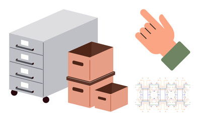 Filing cabinet with wheels, stacked cardboard boxes, a hand gesture pointing, and an architectural blueprint. Ideal for office storage, organization, planning, direction, workflow design or