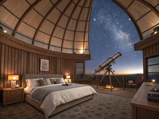 Luxurious bedroom inside a historic observatory dome under the stars. Unique accommodation, surreal travel, astronomical tourism, and exclusive experience concept