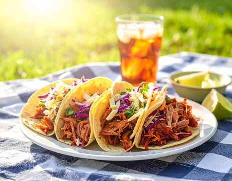 Artistic wide shot of a bustling taqueria scene, foreground features a beautifully plated Tacos al Pastor, background subtly blurred with warm ambient lighting, rich color grading, cinematic compositi