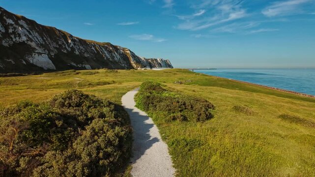 Samphire Hoe country park, Dover, Kent, England, UK, with chalk cliffs, sea wall paths and coastal meadows