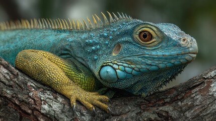 Fototapeta premium Exotic Blue Iguana basking peacefully on a weathered tree branch, nature's beauty
