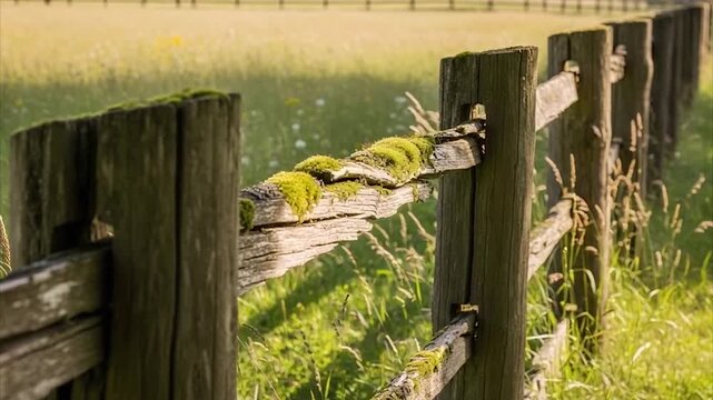 Mossy Wooden Fence in Rural Meadow: A Serene Countryside Scene with Weathered Wood and Lush Greenery