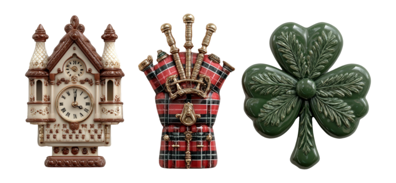 Vintage Decorative Clock, Scottish Bagpipes, and Shamrock Isolated on Background