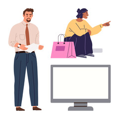 Man reading papers, seated woman gesturing toward a direction, shopping bags, and a blank screen. Ideal for decision-making, communication, teamwork, shopping, presentation planning retail