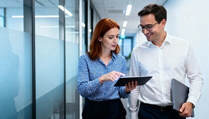 Fototapeta premium Business partners discussing a project on a tablet in an office hallway