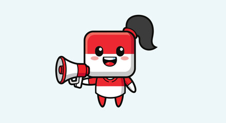 Cartoon Indonesian Flag Character with Megaphone Promoting National Day.