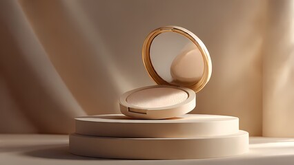 Front-facing view of an open round compact powder case with a mirror on a small neutral-toned podium