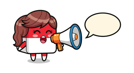 Cartoon Indonesian Flag Girl Announcing with Megaphone and Speech Bubble.