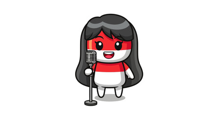 Cartoon Indonesian Flag Girl Singing with Microphone.