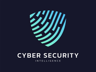 Cyber security intelligence protection with curved network lines pattern shield shape technology logo vector design concept. Abstract shield logotype for ui, website, network security, automation.