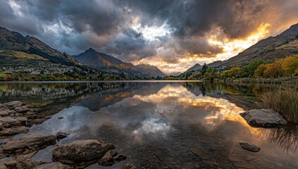 Majestic landscape reflecting dramatic sky and mountains in calm lake, colorful foliage