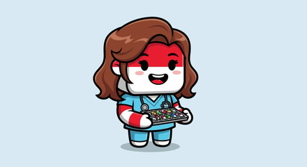 Cartoon Nurse with Indonesian Flag Face Holding Medical Tray.