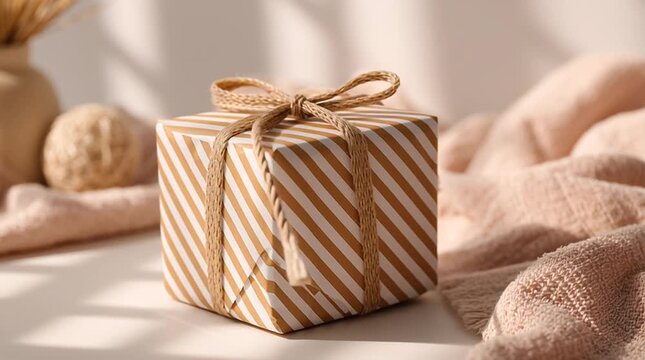 Close up of a gift wrapped in striped paper with a twine bow and soft textured background items