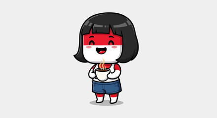 Chibi Girl with Indonesian Flag Face Holding Coffee Cup.