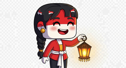 Chibi Girl Celebrating Indonesian Independence Day with Lantern.