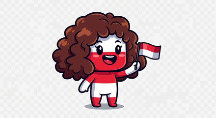 Cute Cartoon Girl Celebrating with Indonesian Flag.