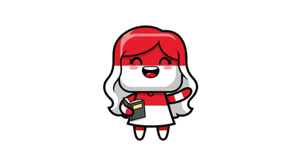 Cute Cartoon Girl with Indonesian Flag Design Holding a Book.