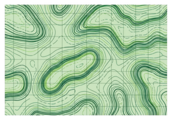 Detailed green topographic map contour lines representing elevation changes isolated on transparent background