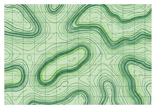 Detailed green topographic map contour lines representing elevation changes isolated on transparent background