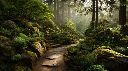 Naklejka premium Stone pathway winding through lush forest landscape