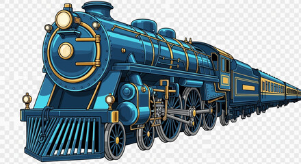 Detailed Blue Steam Train Illustration with Intricate Gold Accents. © SuryaAji