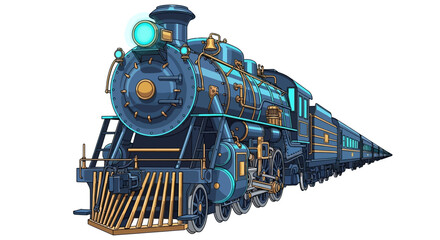 Detailed Illustration of a Blue and Gold Steam Train Engine. © SuryaAji