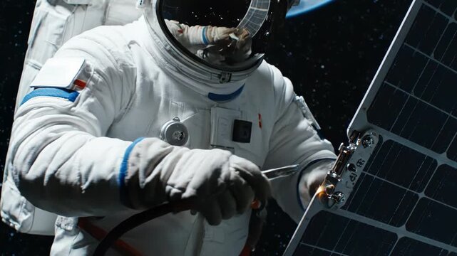 Astronaut performing maintenance on a solar panel in the vastness of space, with Earth visible in the background.