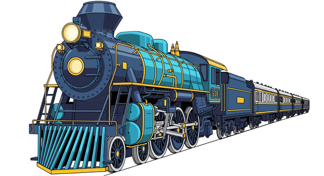 Detailed Illustration of a Classic Blue and Gold Steam Train 1.