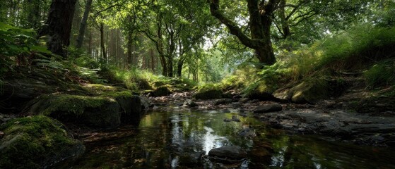 Fototapeta premium Forest landscape with stream rocks and trees