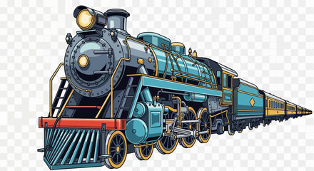 Detailed Illustration of a Vintage Steam Train with Passenger Cars. © SuryaAji