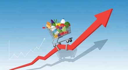 Obraz premium Rising Food Costs Shopping Cart on Upward Arrow.
