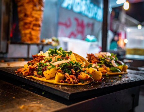 Artistic wide shot of a bustling taqueria scene, foreground features a beautifully plated Tacos al Pastor, background subtly blurred with warm ambient lighting, rich color grading, cinematic compositi