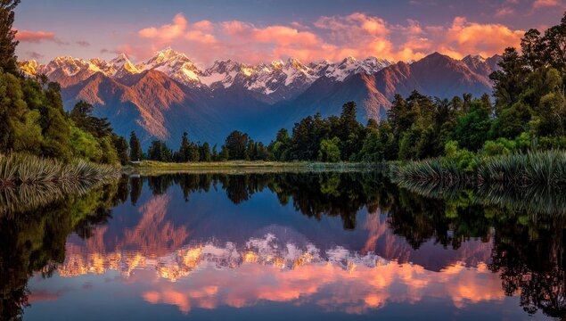 Serene lake mirrors snow-capped mountains as sunset colors paint the sky and surrounding trees - Powered by Adobe