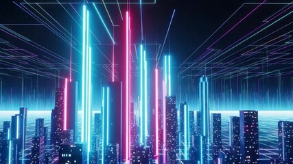 Futuristic cityscape under starry sky aglow with neon blue and pink Tall luminous structures rise from digital grid Interconnected glowing lines crisscross the sky high-tech metropolis - Powered by Adobe